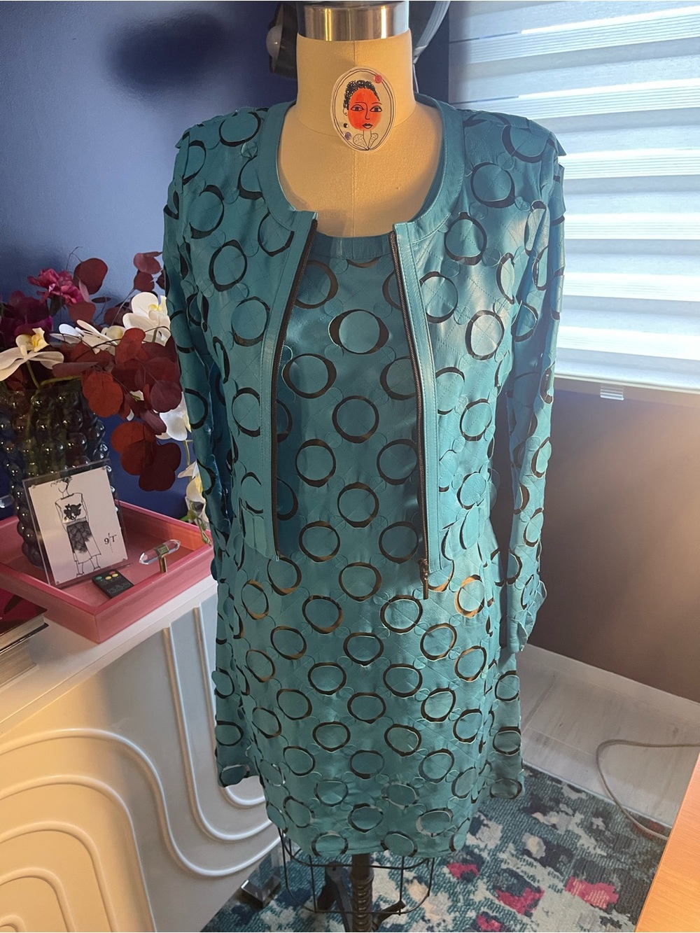 Teal Lamb Leather Quilted dress backed w/ black tulle & cropped jacket.